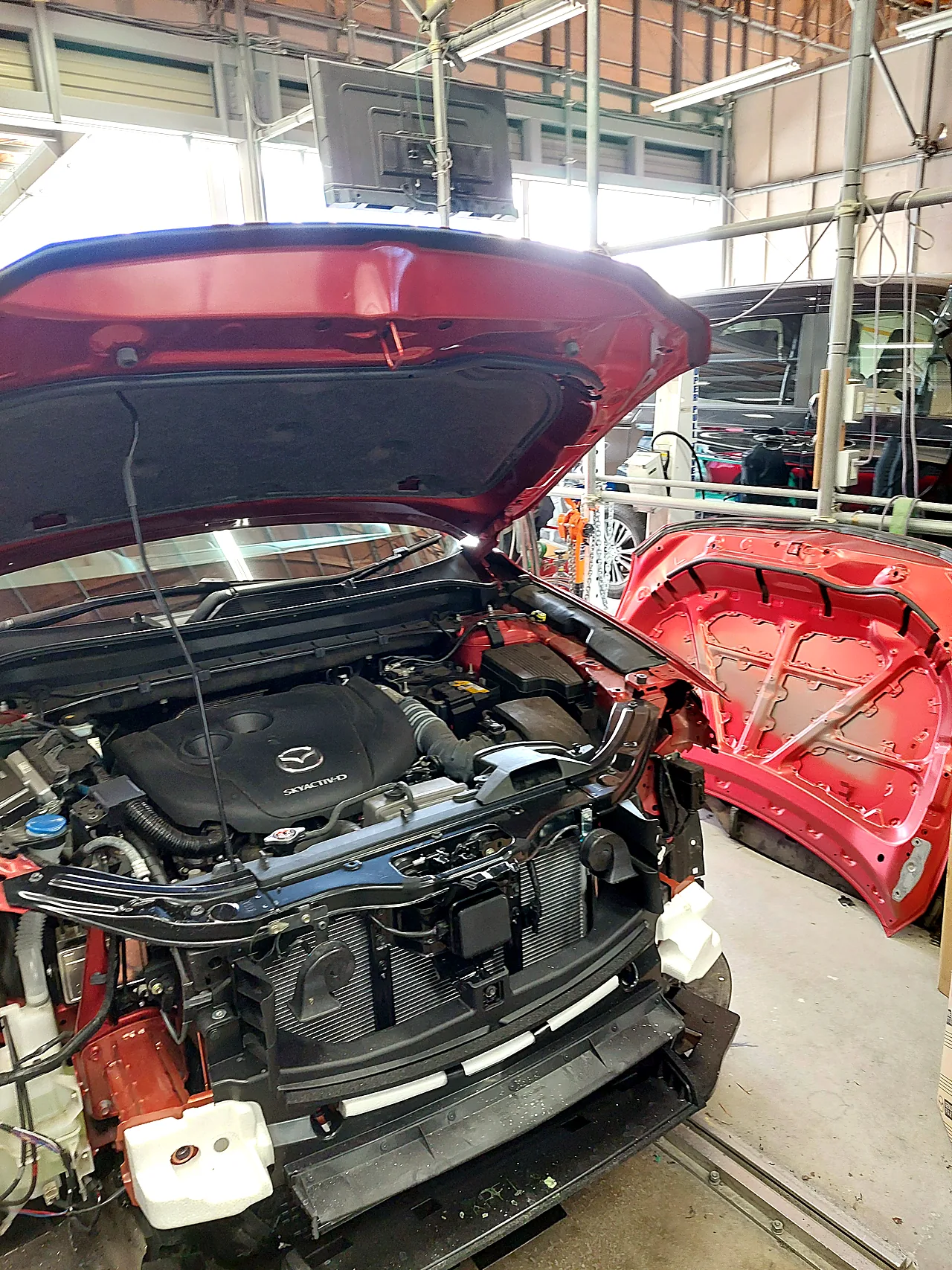 CX-8 塗装を終えたボンネットと組み付け中の前まわり。右は外した元のボンネット