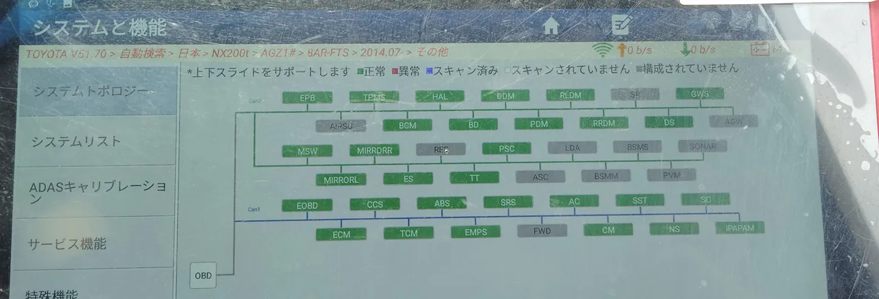 診断機に出たレクサスNX（NX200t・AGZ1#）のシステムトポロジー。並んだ箱は緑と灰色（修理後）