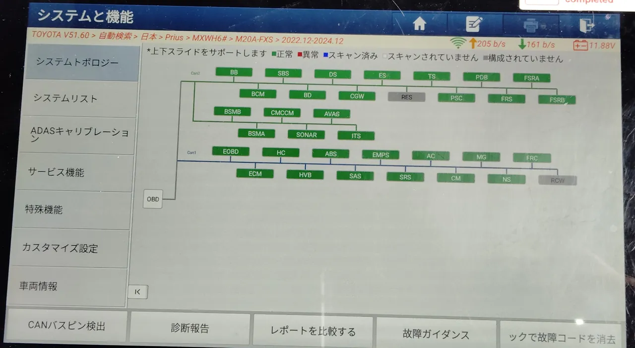 診断機のシステムトポロジーの画面。プリウス(MXWH6#)のシステムの箱は緑と灰色で、赤(異常)の箱はない
