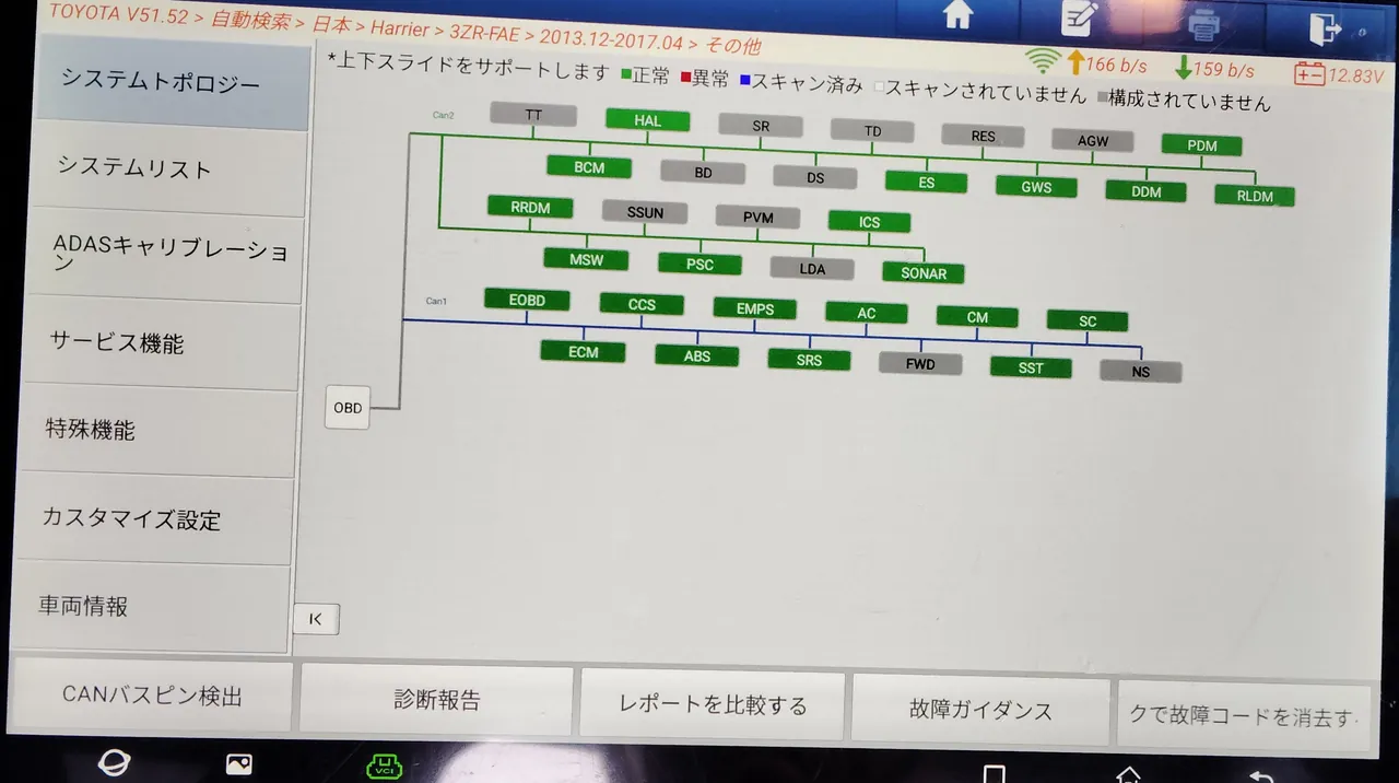 60系ハリアーの修理後の診断機の画面。システムトポロジーに緑と灰色の箱が並び、赤（異常）の箱はない