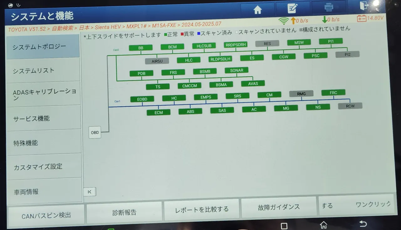 診断機に表示した、修理後のシエンタ ハイブリッドのシステムトポロジー（緑31・灰色5・赤なし）
