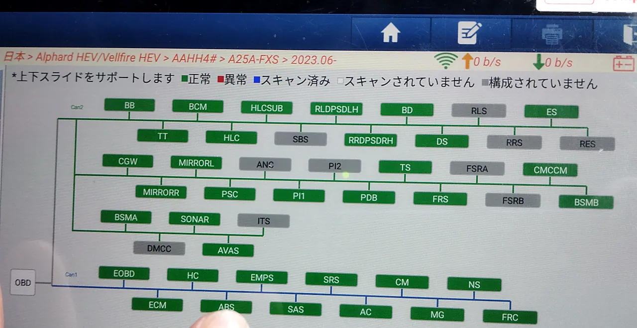 組み付けのあとに40系アルファードへつないだ診断機の、全体スキャンの一覧。緑と灰色の箱が並び、赤（異常）の箱はない