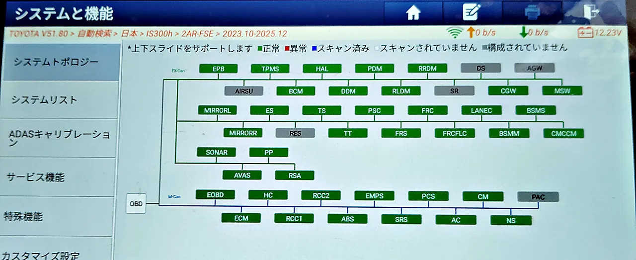 組み付けのあとにレクサスIS 300hへつないだ診断機の、全システムの一覧。緑と灰色の箱が並び、赤(異常)の箱はない。左下の白い箱は「OBD」