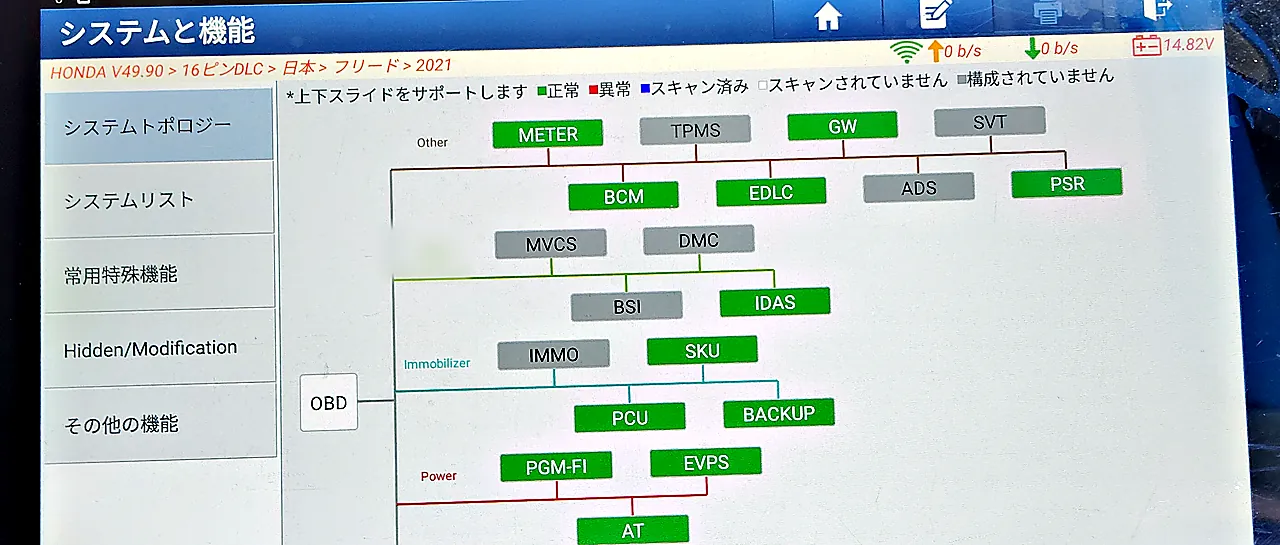 修理後のフリード（2代目）の診断機の画面。緑と灰色の箱が並ぶシステムの一覧で、赤（異常）の箱はなし